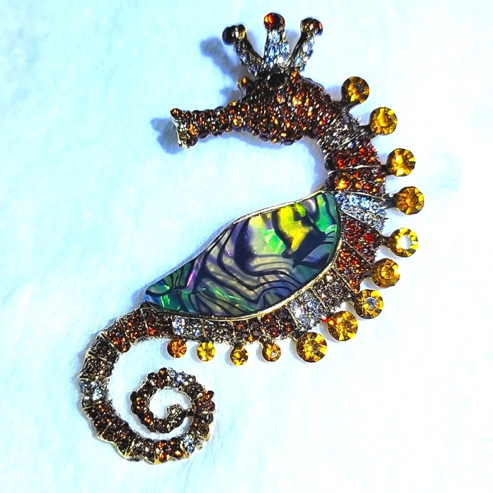 Fabulous Amber Colored Rhinestone & Abalone Sea Horse Gold Tone Brooch Pin